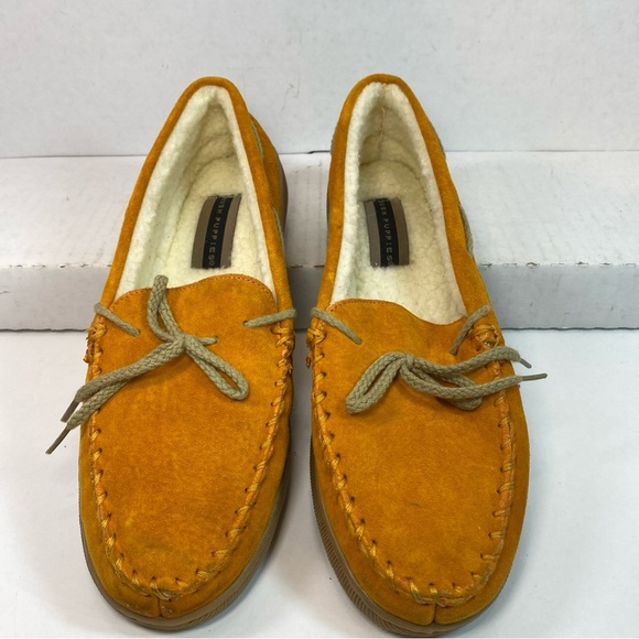 Hush Puppies Orange Suede Moccasins Fur Lined Loafer Slippers Women's Size 9 - Picture 2 of 15